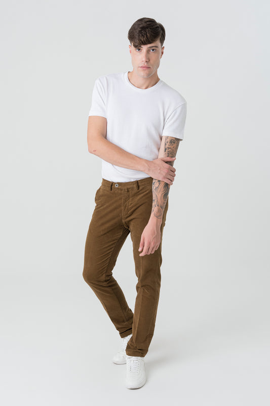 Pantaloni Slim Fit in Velluto Cavallery Marrone Scuro