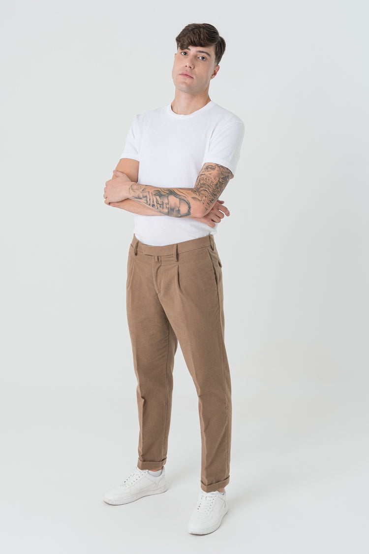 Pantaloni Carrot Fit in Flanella Beige Scuro