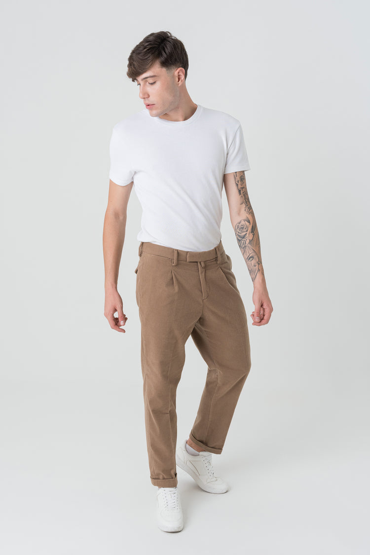 Pantaloni Carrot Fit in Flanella Beige Scuro