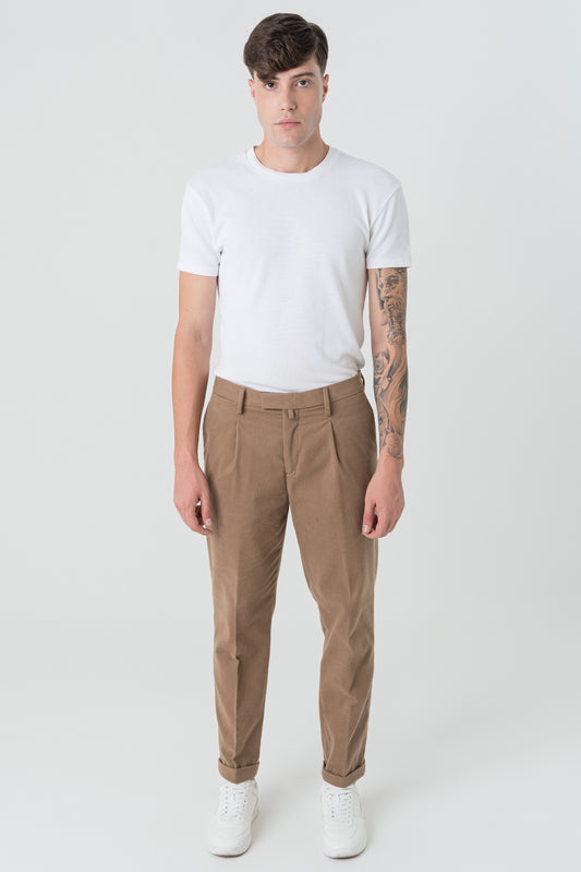 Pantaloni Carrot Fit in Flanella Beige Scuro