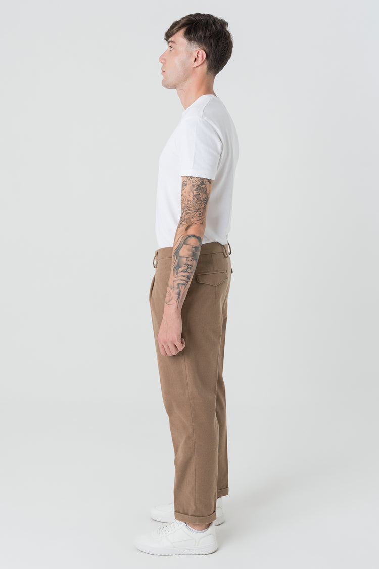 Pantaloni Carrot Fit in Flanella Beige Scuro