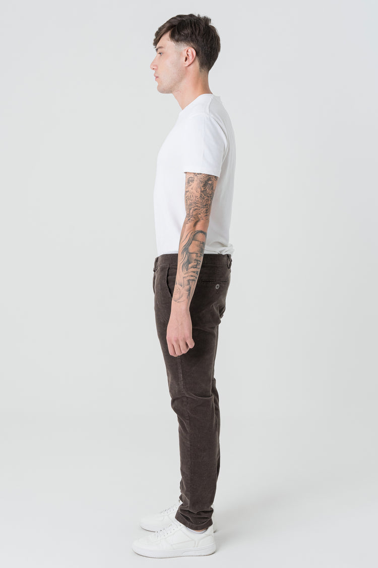 Pantaloni Slim Fit in Velluto Armaturato Marrone Scuro