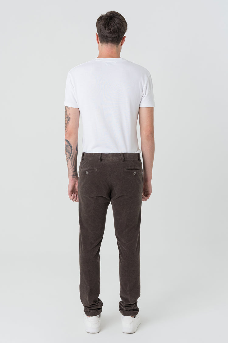 Pantaloni Slim Fit in Velluto Armaturato Marrone Scuro